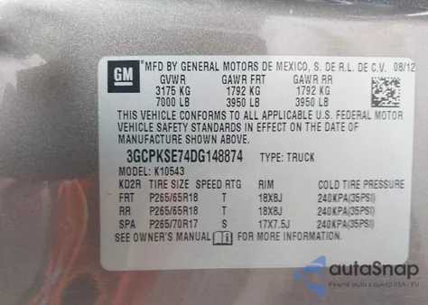 2013 Chevrolet Silverado 1500 Lt z USA, uszkodzony, nr VIN 3GCPKSE74DG148874